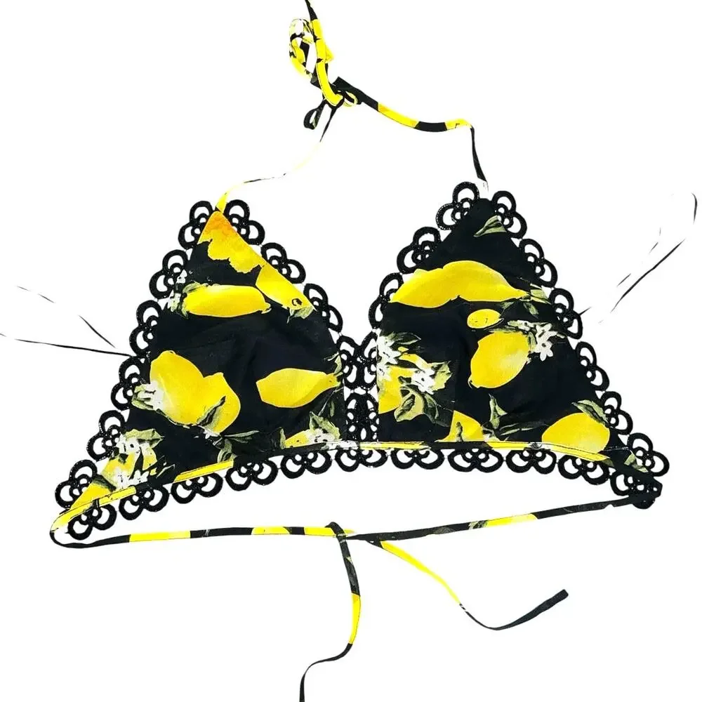 Miss Avenue Coquette Lemon Print Short Set Black Crochet Halter Lounge sz Large